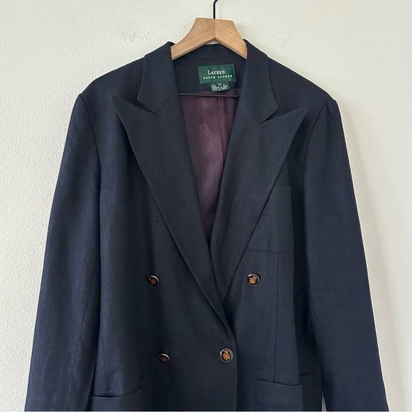 Lauren Ralph Lauren Linen Blazer Sz 12 Navy Double Breasted Crest Buttons Preppy - Picture 5 of 16